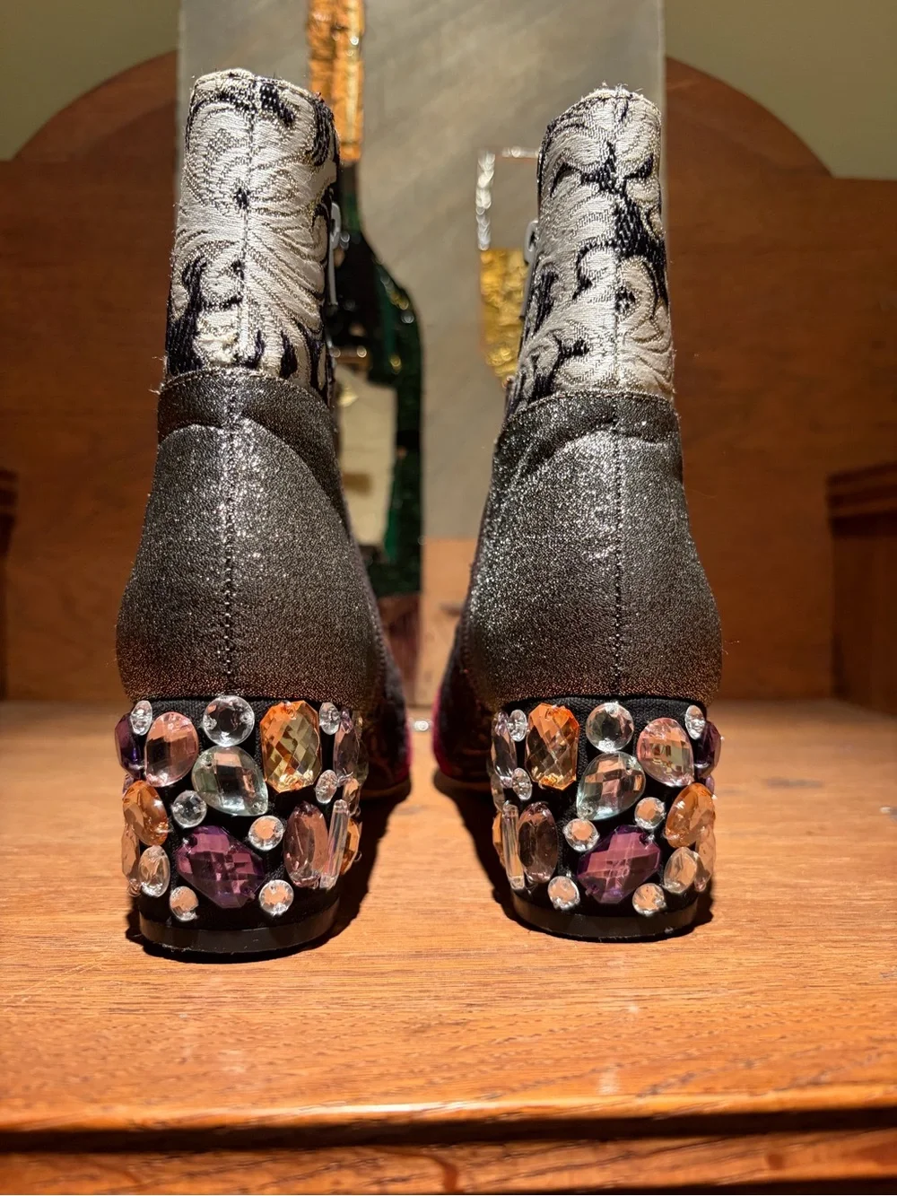 Anthro Bettye Muller Suede, Metallic Brocade and Rhinestone Heeled Booties